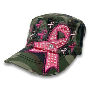 Pink Ribbon Army Cadet Hat Rhinestone French Round Bill BDU Baseball Castro Cap